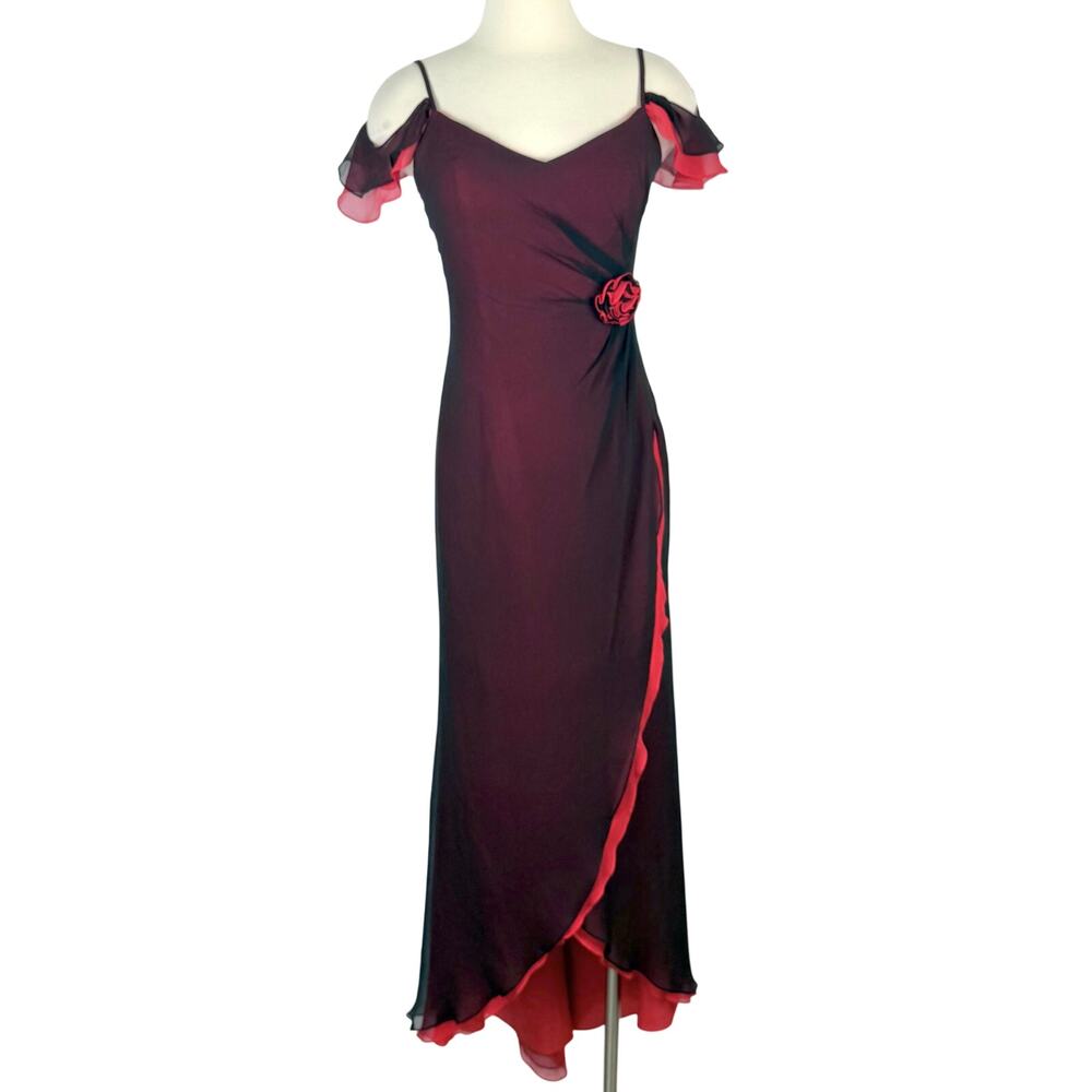 Dolce Jovani Silk Maxi Slip Dress Layered Black/Red Size 10 Vintage Whimsical